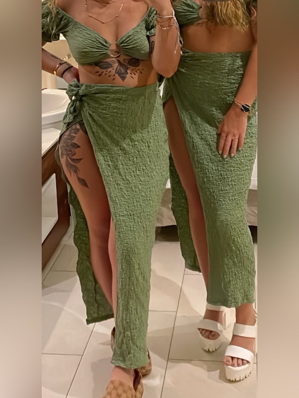 SHEIN Olive Green Wide-Leg Side-Slit Jumpsuit Skirt Set